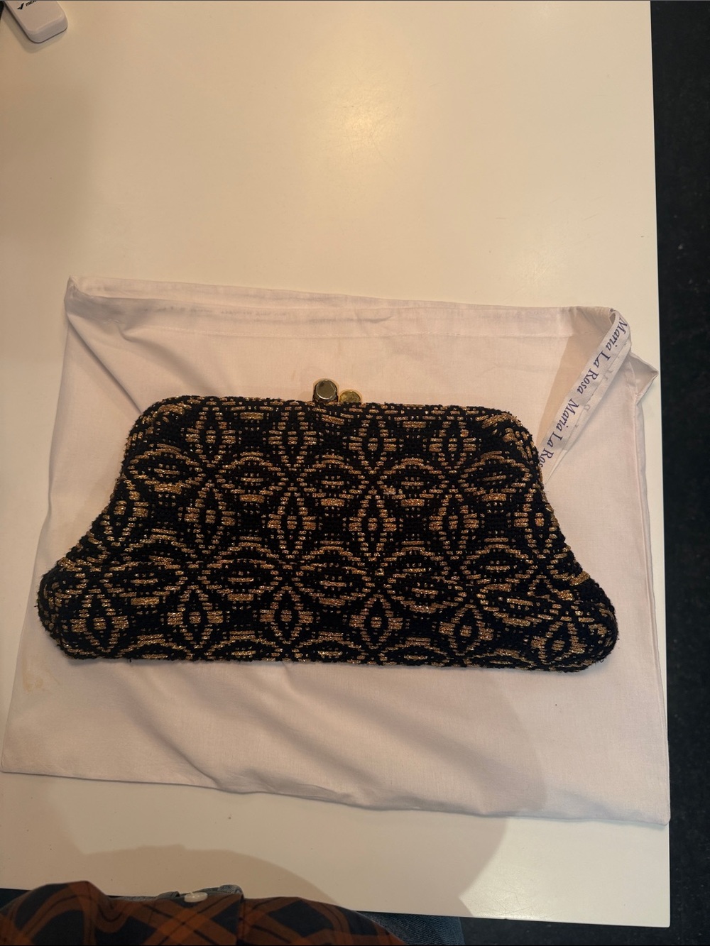 Maria La Rosa Black and Gold Evening Clutch with Kiss Lock
